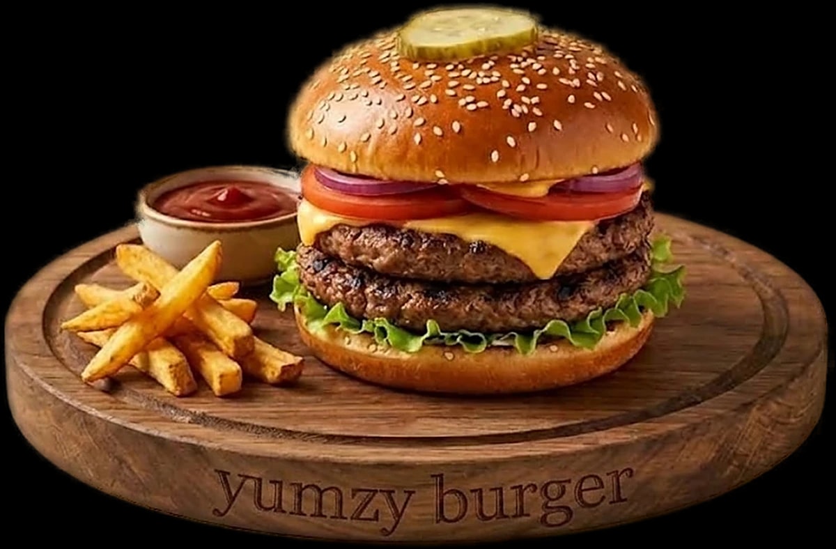 Yumzy double cheeseburger with fries